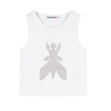 Patrizia Pepe Kids Top/Canotta Bianco a Coste con Logo in Strass per Bambine