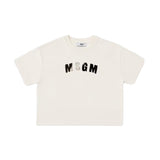MSGM Kids T-Shirt Crema Boxy con Logo Lettering con Targhetta Rosa sul Retro per Bambine