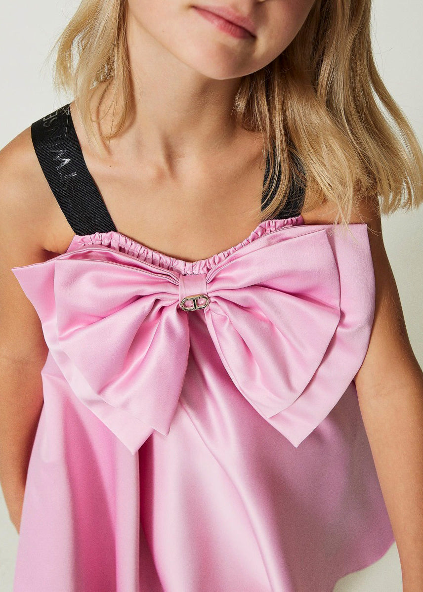 Twinset Kids Abito Rosa in Raso con Fiocco 