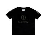 Iceberg Kids T-shirt Nera Crop con Logo Borchiato per Bambine