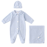 Deolinda Kids Set 3 pezzi Celeste Tutina Cappellino e Coperta con Bombon per Neonate