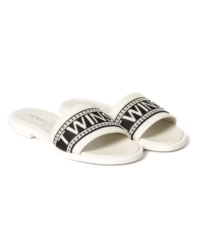 Twinset Kids Sandalo Off-White e Nero con Logo per Bambine