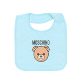 Moschino Kids Set Cappello e Bavetta Celeste con Stampa Logo Teddy per Neonati