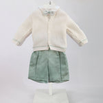 Marlù Completo Cardigan con Camicia Shorts e Papillon Vaniglia/Salvia per Neonati
