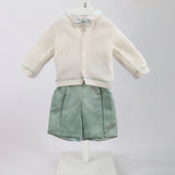 Marlù Completo Cardigan con Camicia Shorts e Papillon Vaniglia/Salvia per Neonati