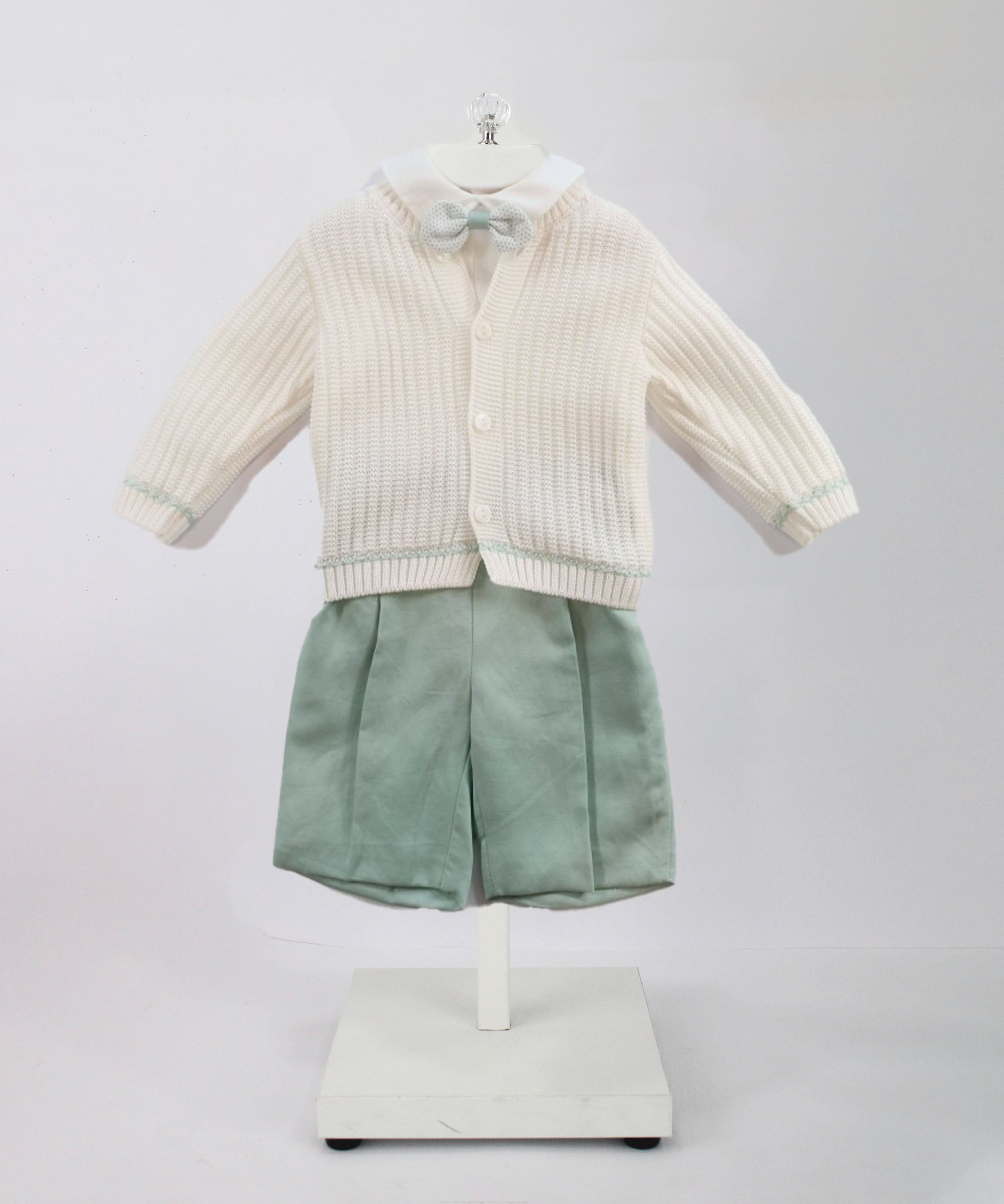 Marlù Completo Cardigan con Camicia Shorts e Papillon Vaniglia/Salvia per Neonati