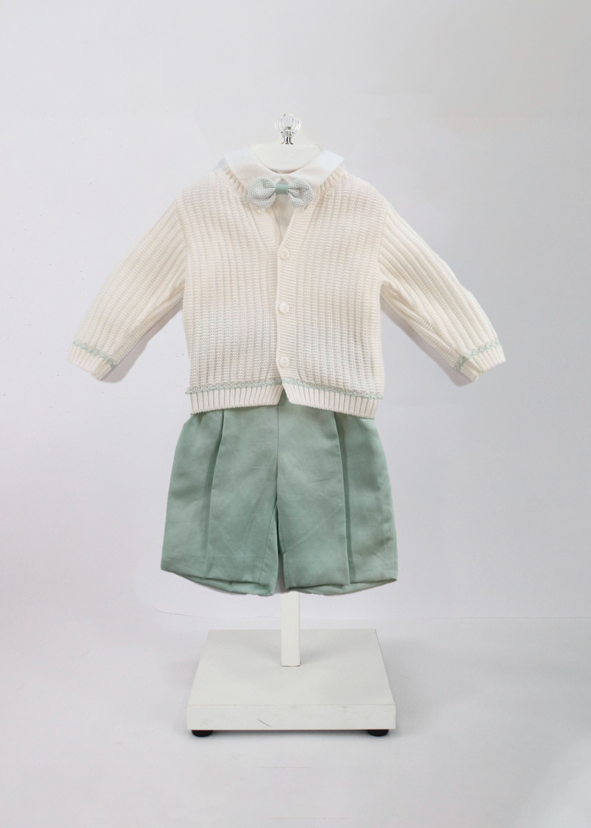 Marlù Completo Cardigan con Camicia Shorts e Papillon Vaniglia/Salvia per Neonati
