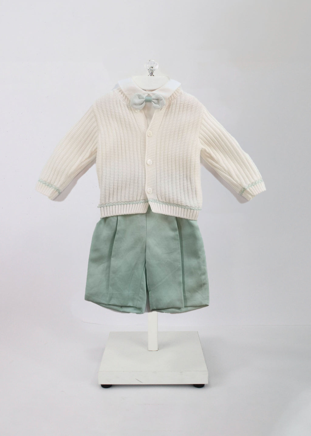 Marlù Completo Cardigan con Camicia Shorts e Papillon Vaniglia/Salvia per Neonati