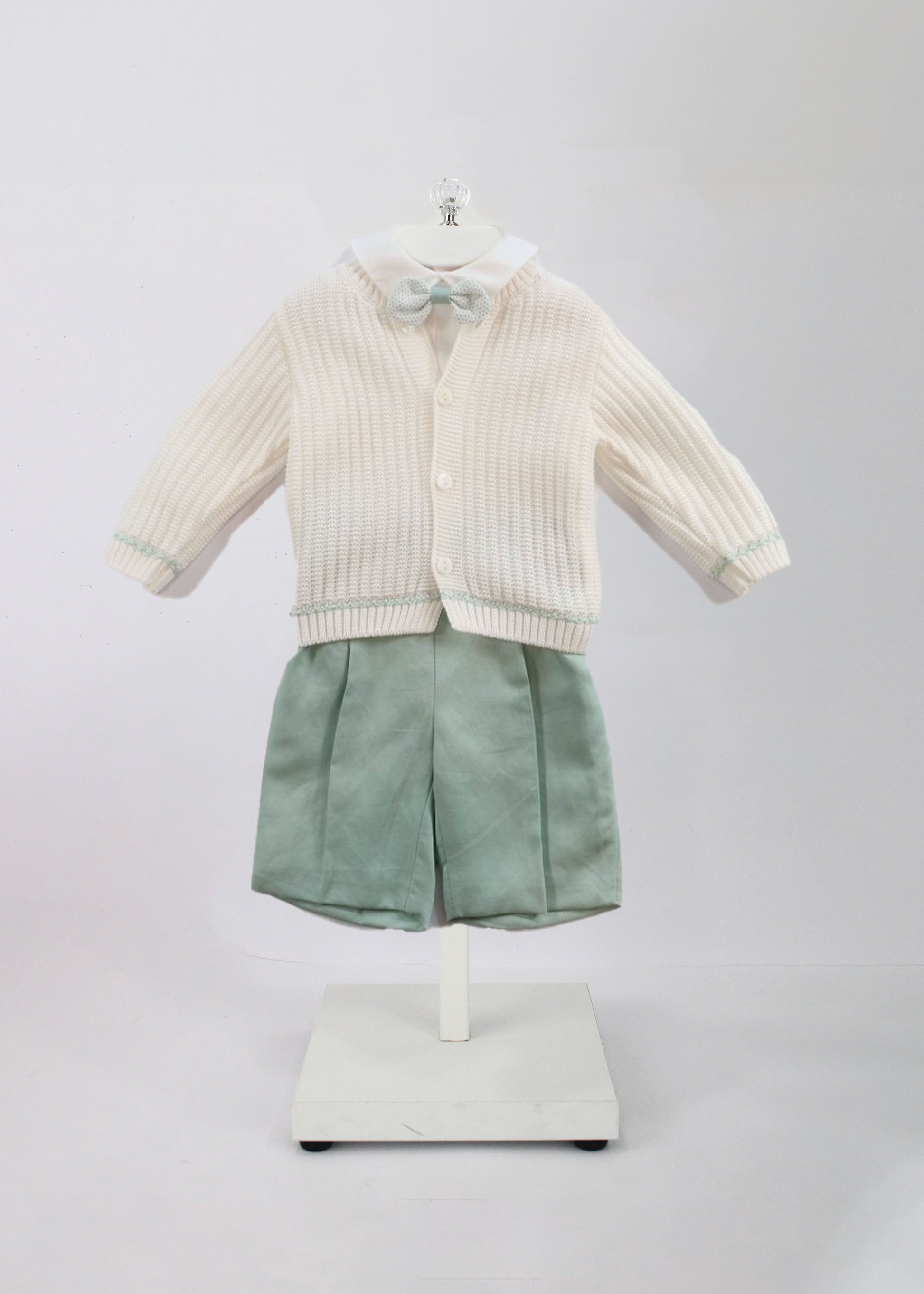 Marlù Completo Cardigan con Camicia Shorts e Papillon Vaniglia/Salvia per Neonati