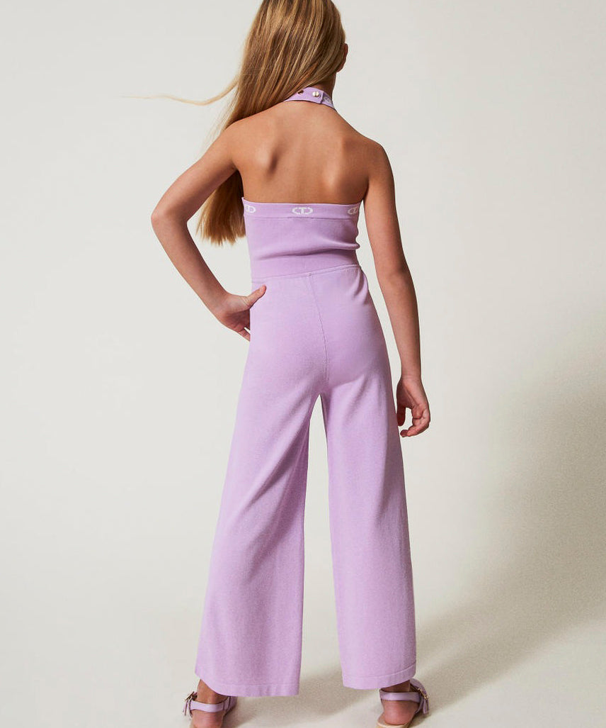 Twinset Kids Tuta in Maglia Viola con Logo Jacquard per Bambine (retro indossato)