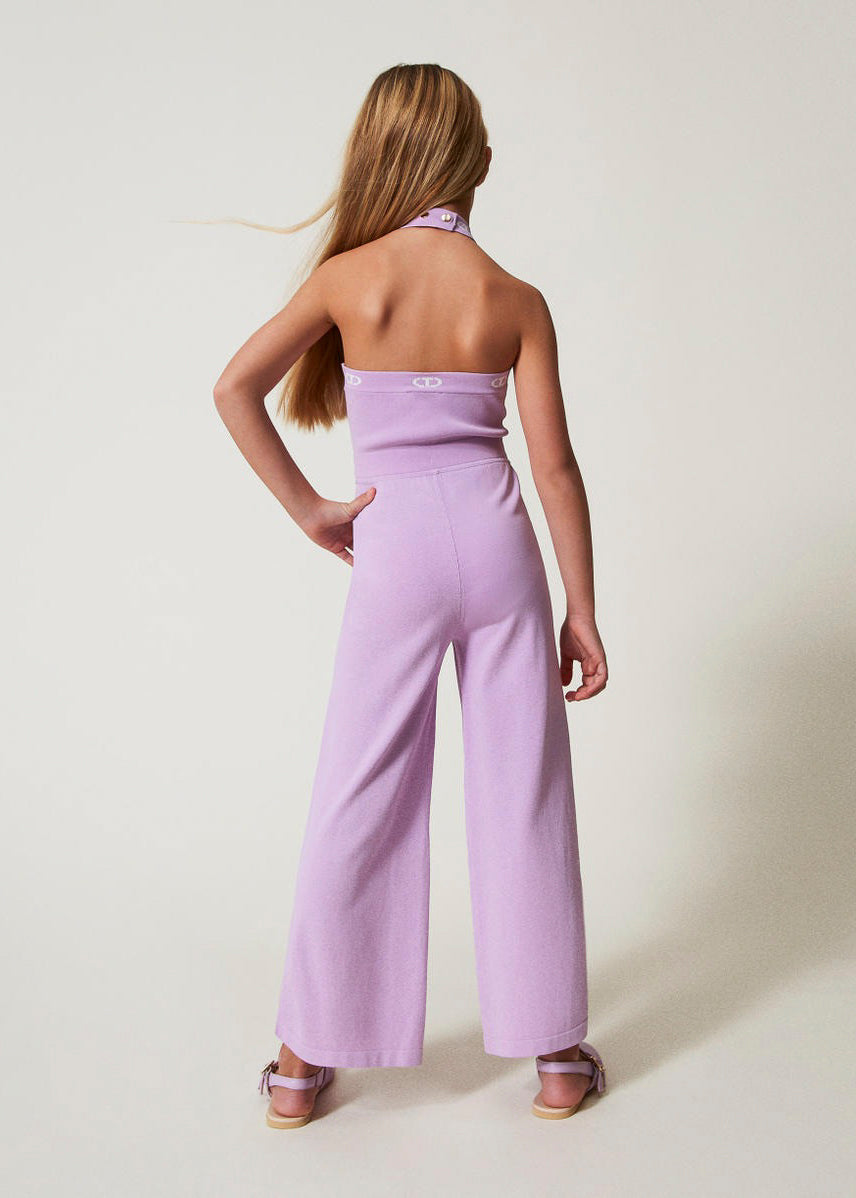 Twinset Kids Tuta in Maglia Viola con Logo Jacquard per Bambine (retro indossato)