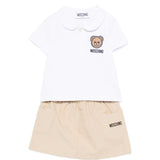 Moschino Kids Polo+Gonna Bianco/Beige con Logo Teddy Bear per Neonate