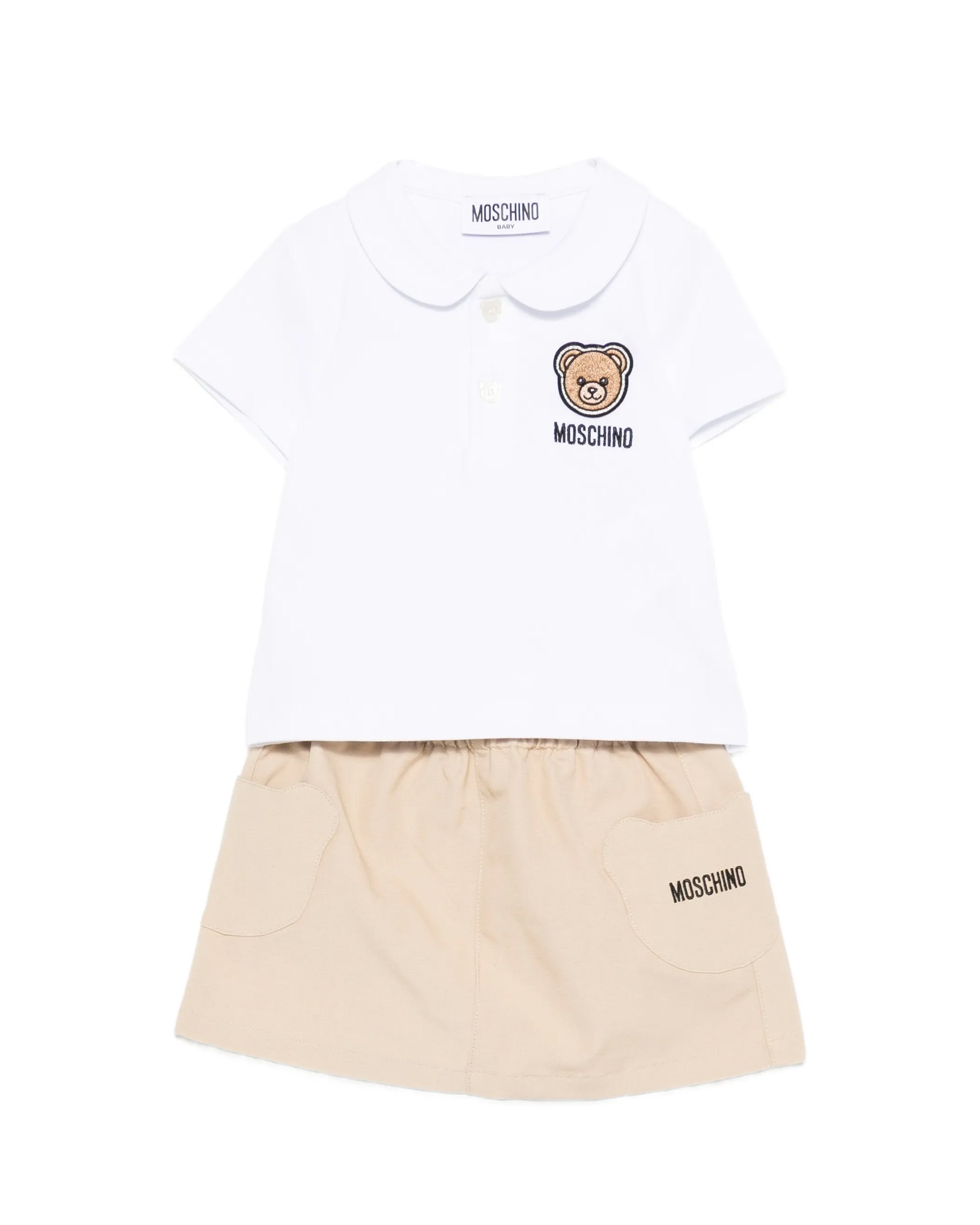 Moschino Kids Polo+Gonna Bianco/Beige con Logo Teddy Bear per Neonate