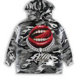 ART SUPER MONEY Kids Felpa con Stampa Labbra e Strass Grigio Camouflage per Bambini