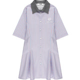 Msgm Kids Abito Fantasia a Righe Celeste e Blu con Logo Ricamato per Bambine