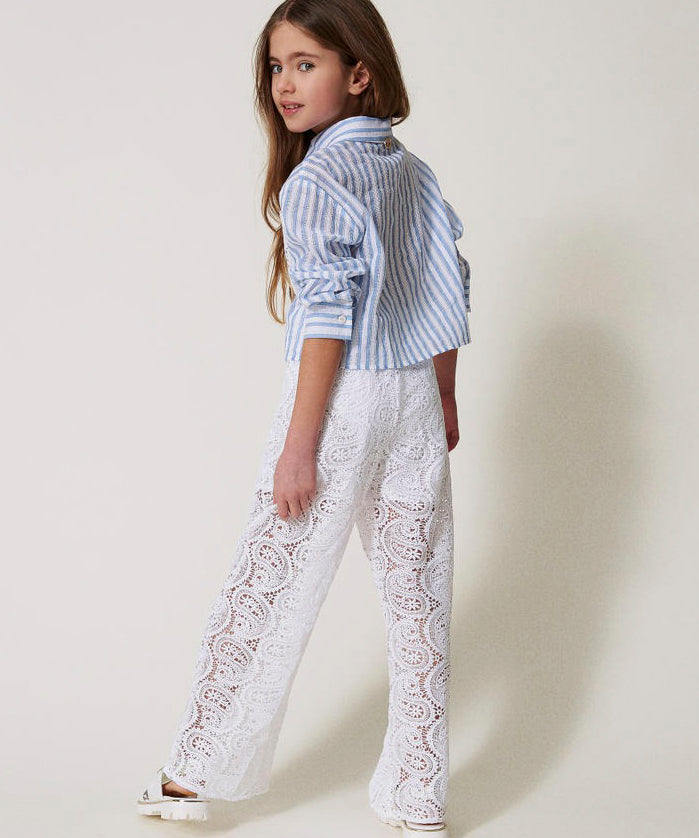 Twinset Kids Pantaloni Bianchi in Pizzo Macramè per Bambine