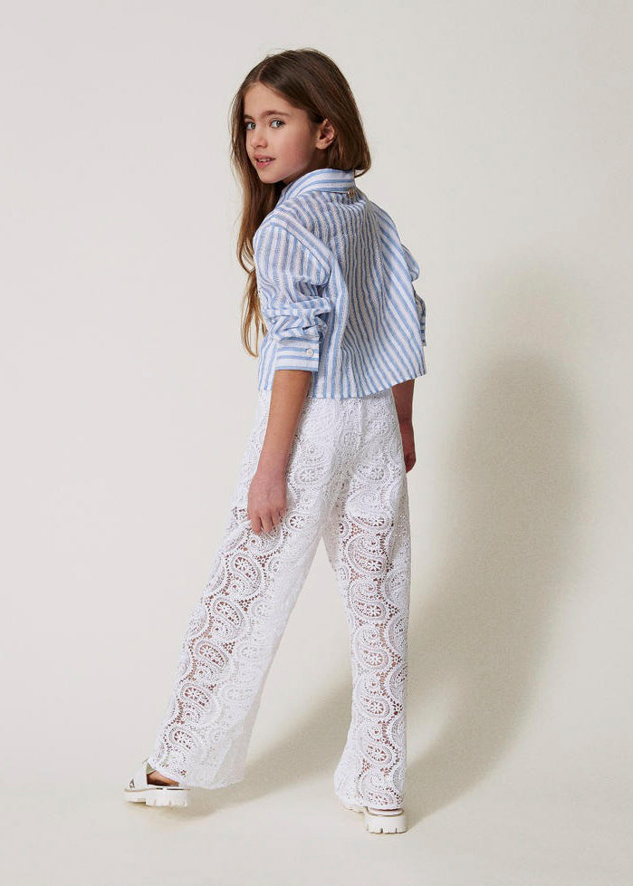 Twinset Kids Pantaloni Bianchi in Pizzo Macramè per Bambine
