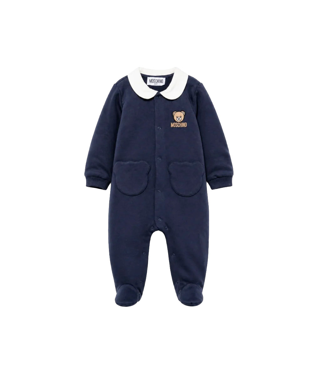 Moschino Kids Tutina Blu in Cotone con Colletto, Tasche Teddy Bear e Logo per Neonati
