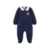 Moschino Kids Tutina Blu in Cotone con Colletto, Tasche Teddy Bear e Logo per Neonati