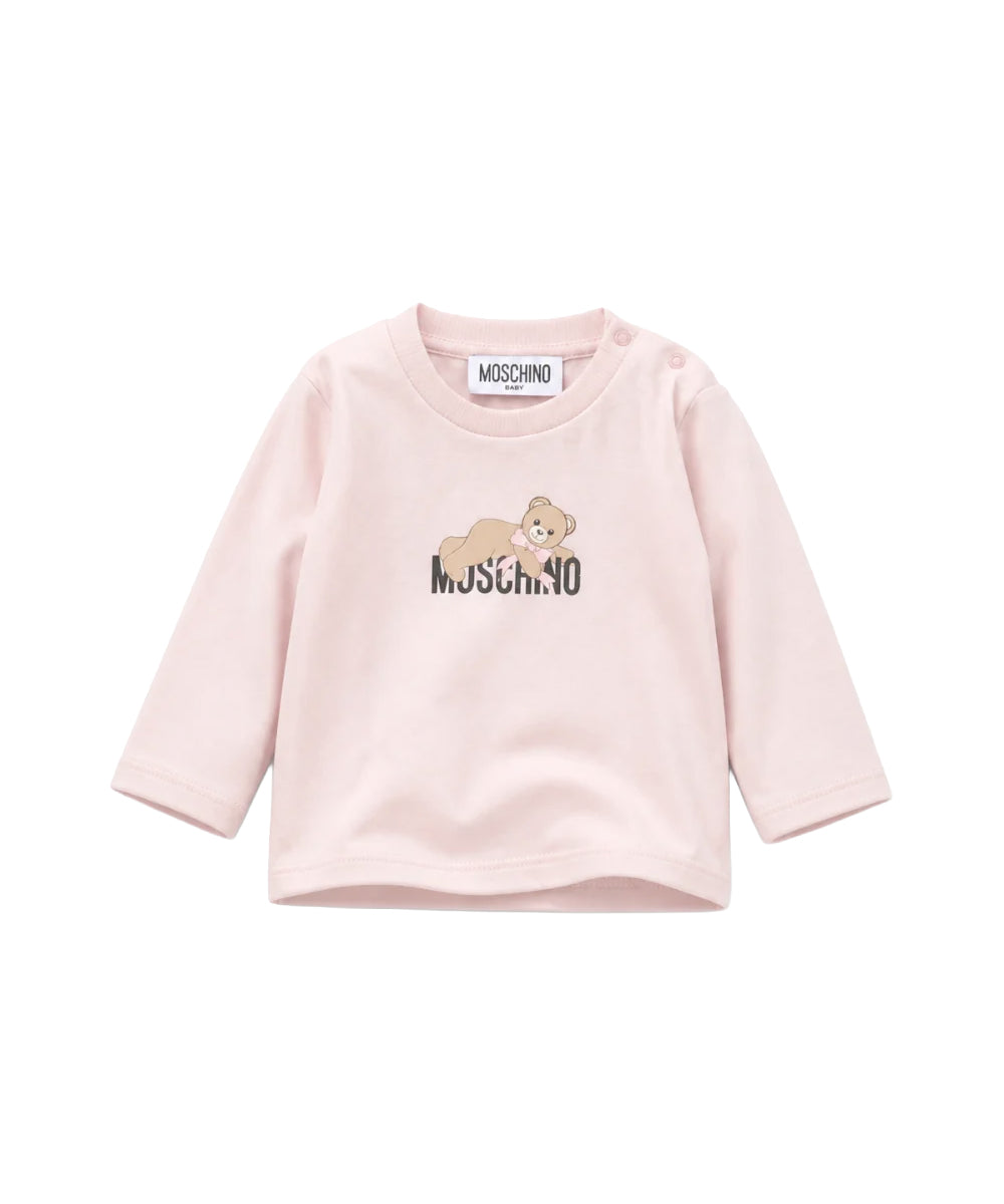 Moschino Kids Maglia Rosa a Maniche Lunghe con Stampa Teddy Bear e Logo per Neonate