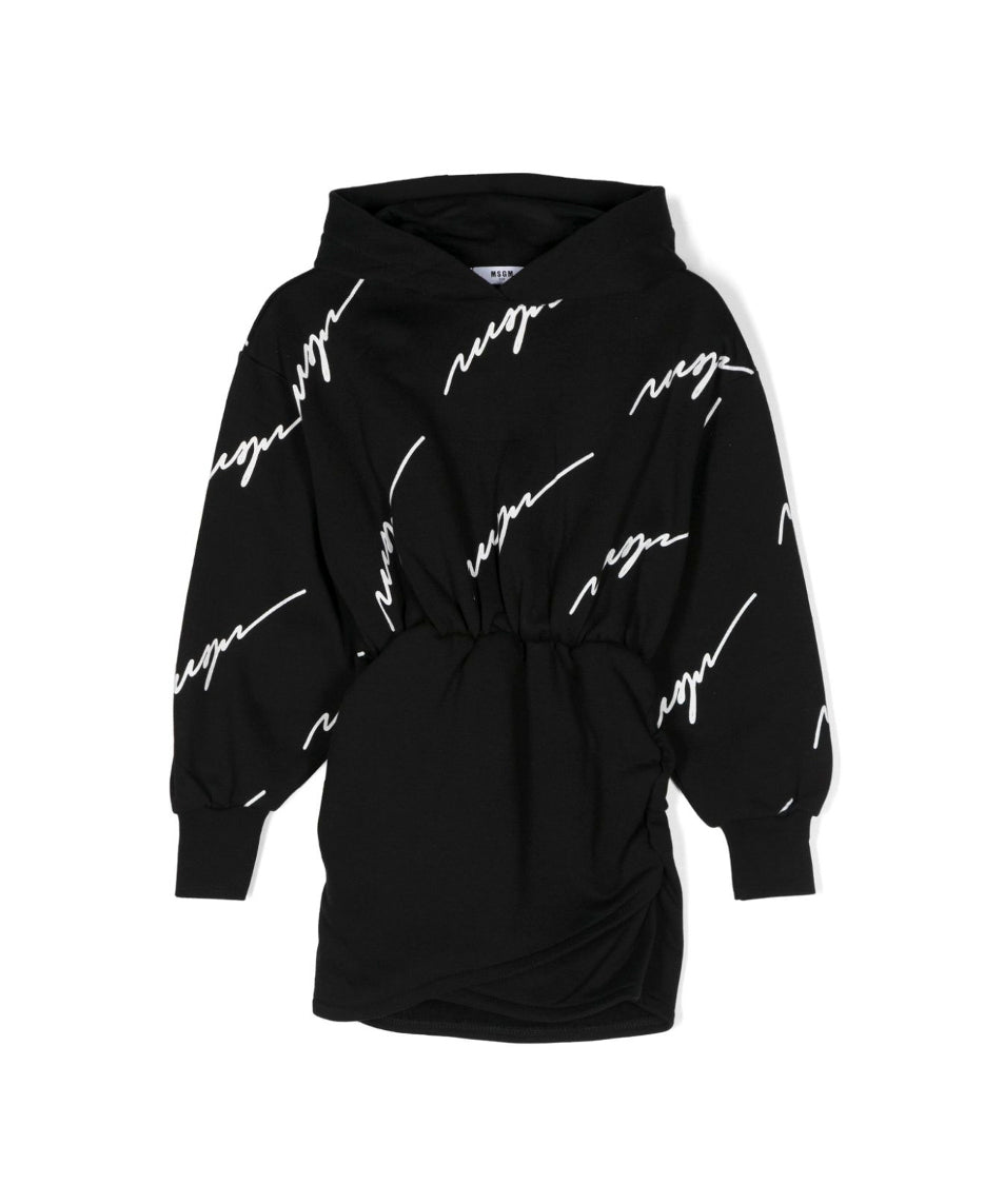 MSGM Kids Abito Nero Corto con Stampa Logo All-over per Bambine