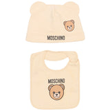Moschino Kids Set Cappello e Bavetta Beige con Stampa Logo Teddy Unisex per Neonati
