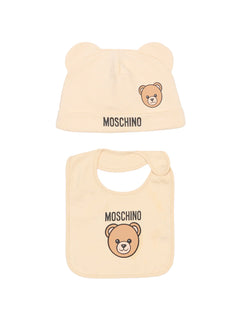 Moschino Kids Set Cappello e Bavetta Beige con Stampa Logo Teddy Unisex per Neonati