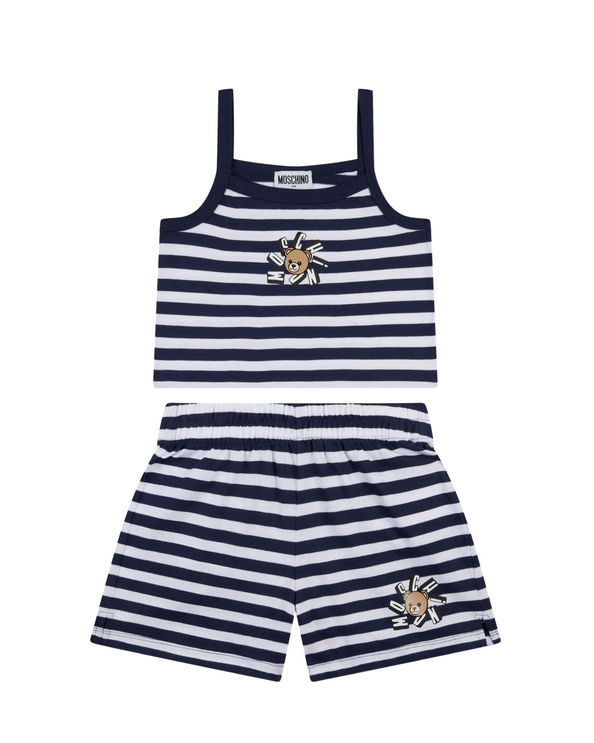 Moschino Kids Top+Short Bianco/Blu a Strisce con Teddy Bear per Bambine