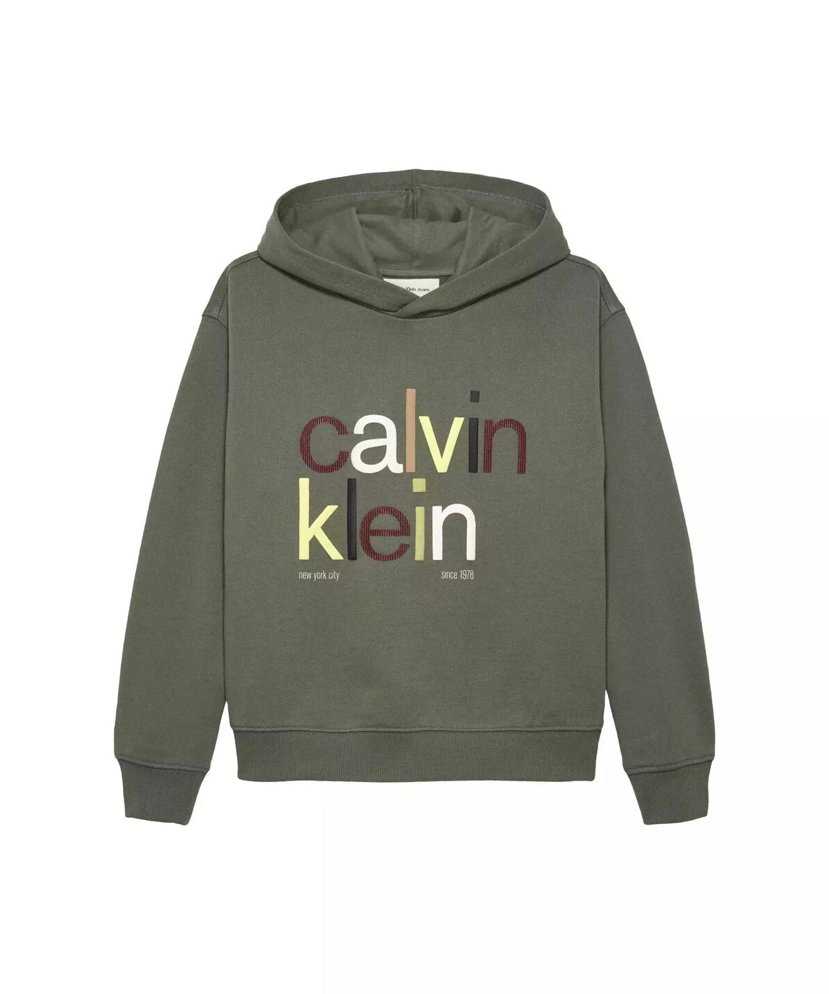 Calvin Klein Kids Felpa con Cappuccio Verde Scuro con Stampa Logo a Contrasto per Bambini