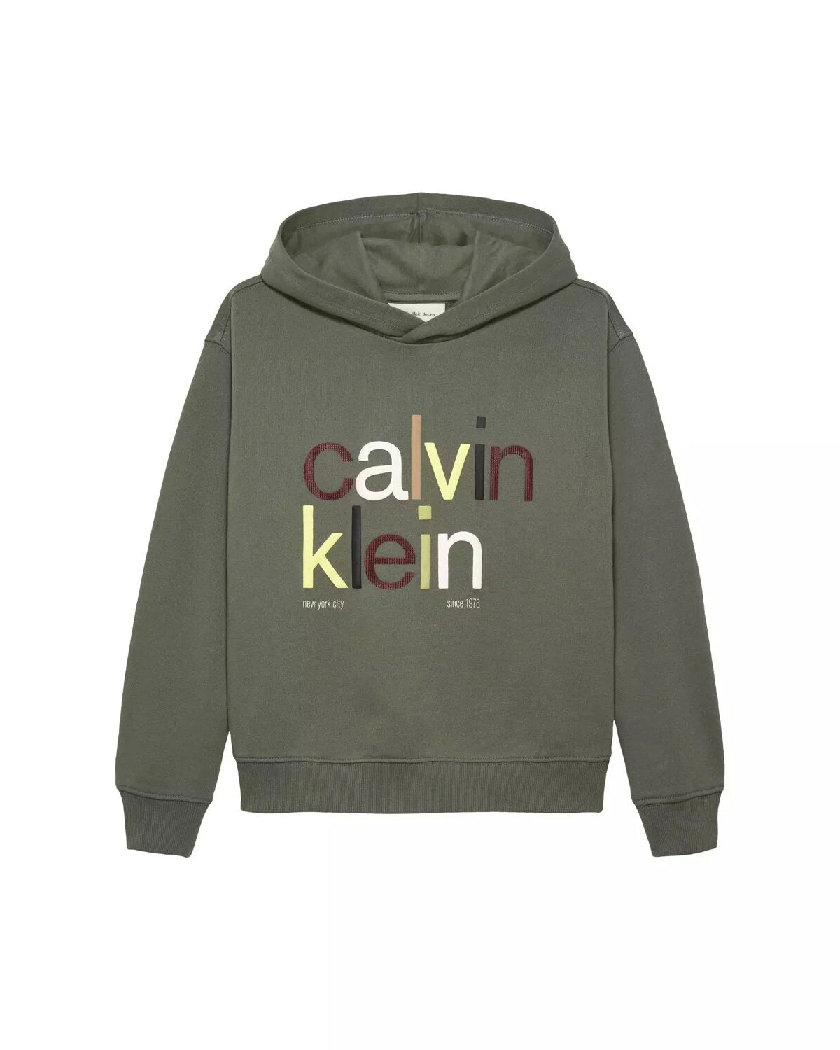 Calvin Klein Kids Felpa con Cappuccio Verde Scuro con Stampa Logo a Contrasto per Bambini