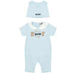 Moschino Kids Set Pagliaccetto e Cappello Celeste con Stampa Logo Teddy per Neonati