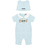 Moschino Kids Set Pagliaccetto e Cappello Celeste con Stampa Logo Teddy per Neonati