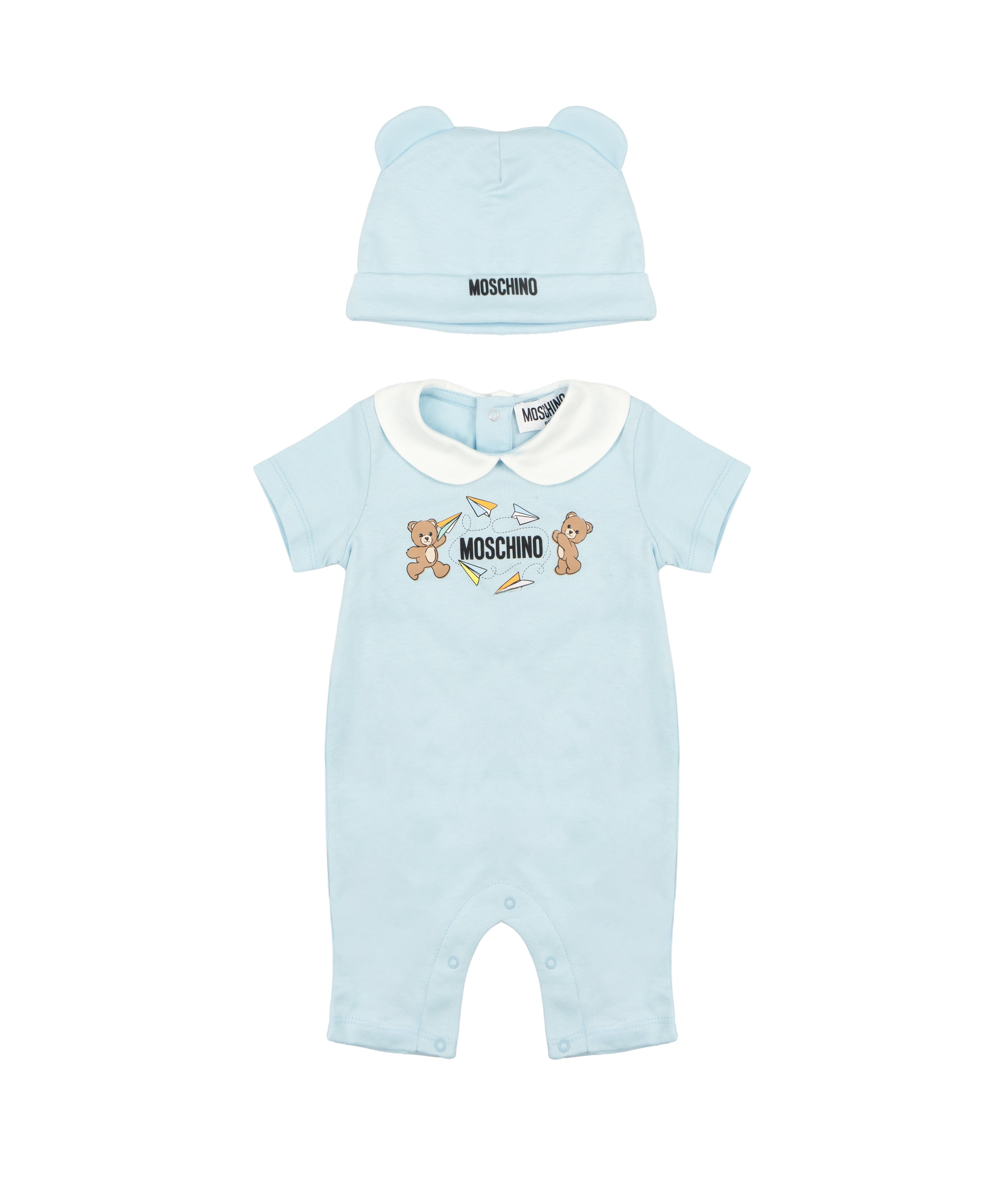 Moschino Kids Set Pagliaccetto e Cappello Celeste con Stampa Logo Teddy per Neonati