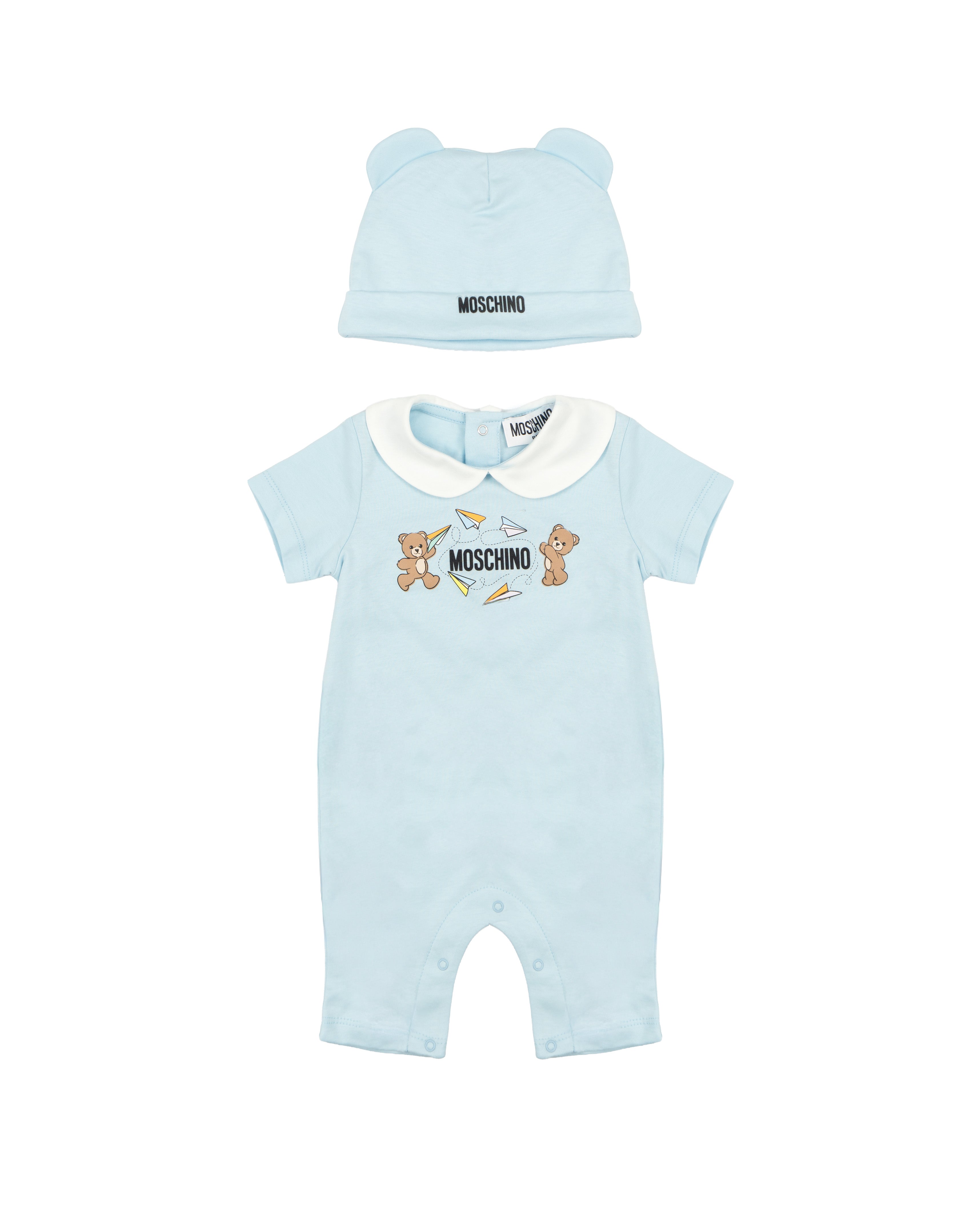 Moschino Kids Set Pagliaccetto e Cappello Celeste con Stampa Logo Teddy per Neonati