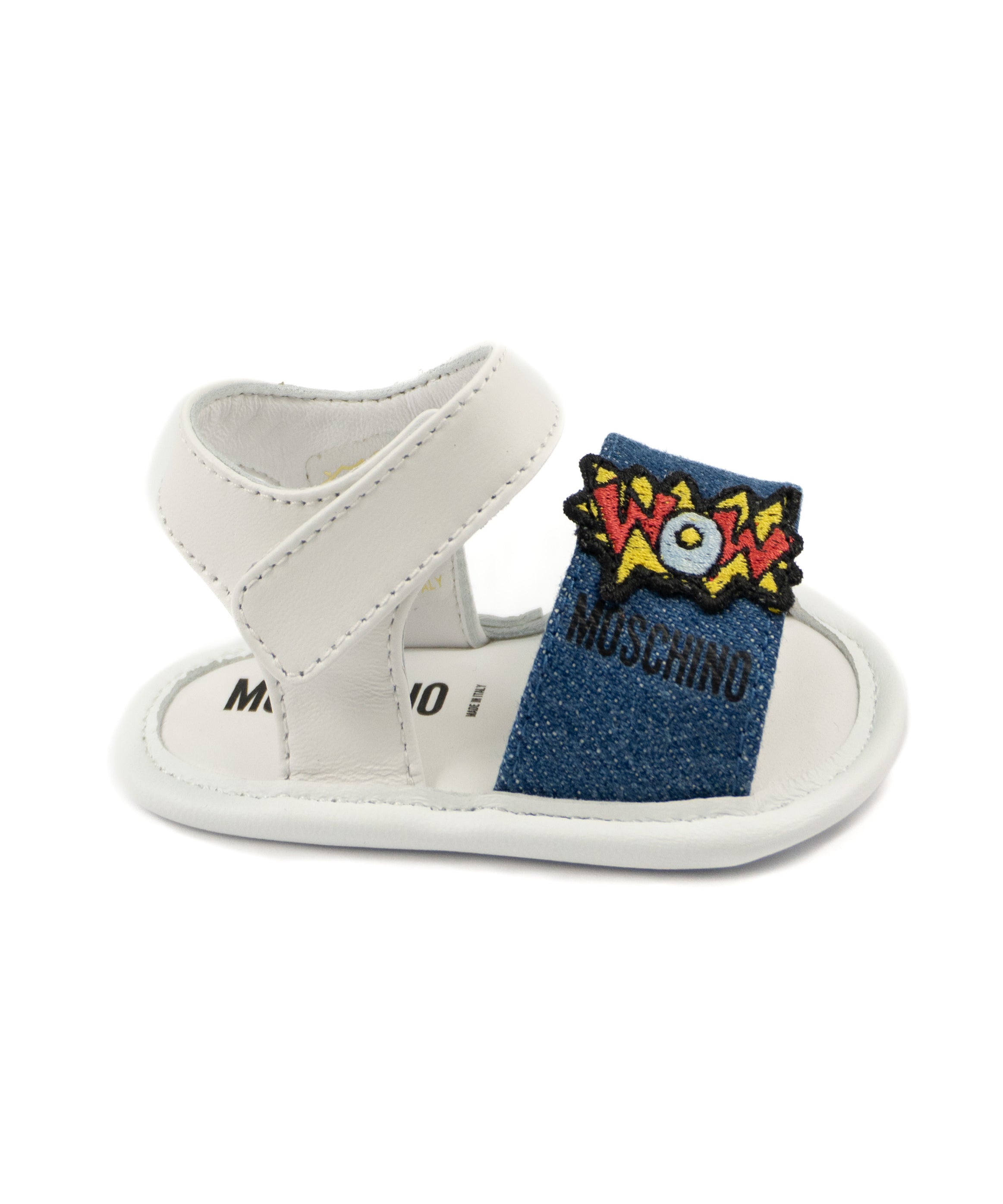Moschino Kids Sandalo Bianco in Denim con Toppa per Neonati