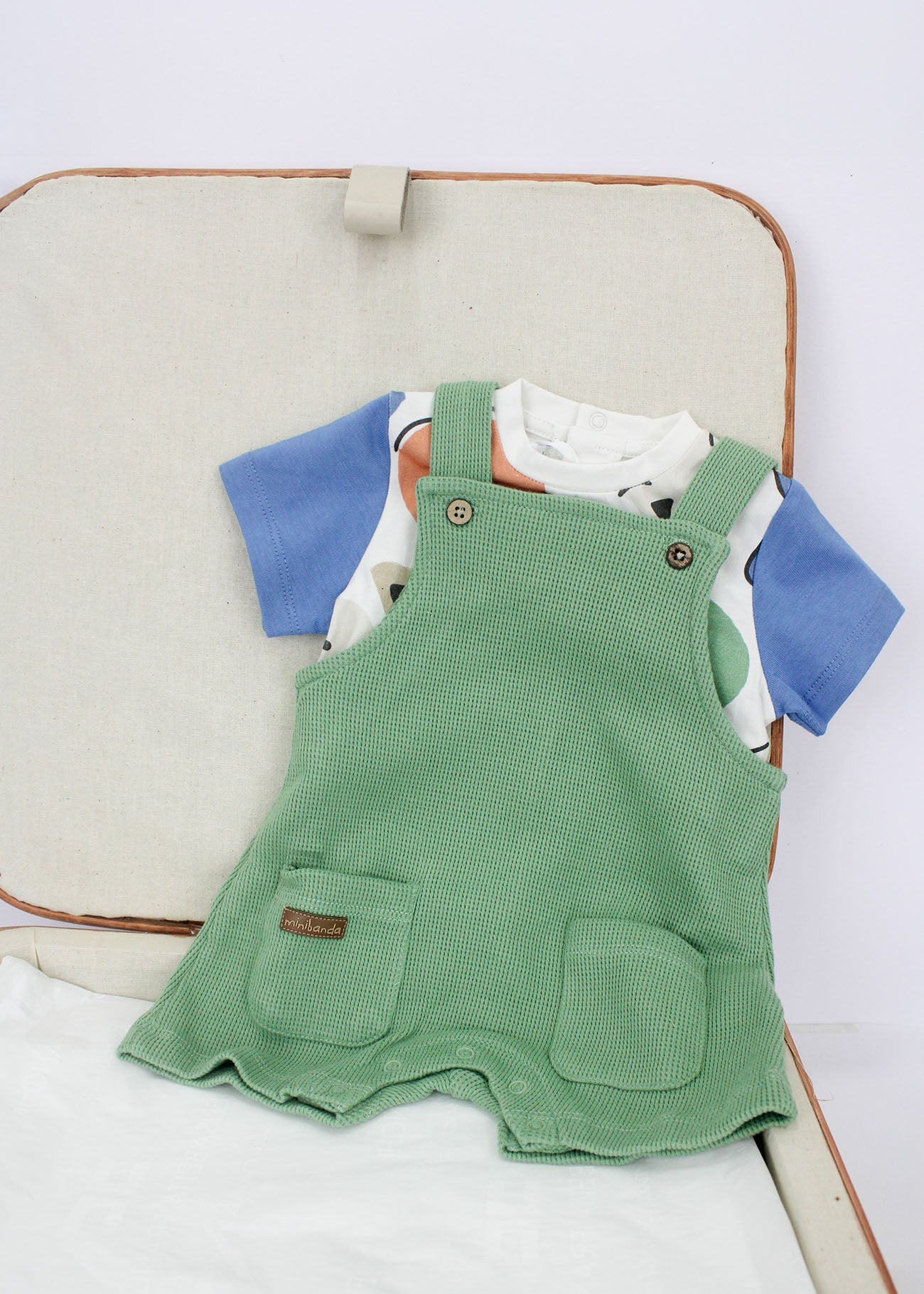 Minibanda T-shirt con Stampa con Salopette Verde per Neonati