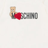 Moschino Kids Maglia Panna a Maniche Lunghe a Girocollo con Stampa Teddy Bear e Cuore Applicato per Neonate