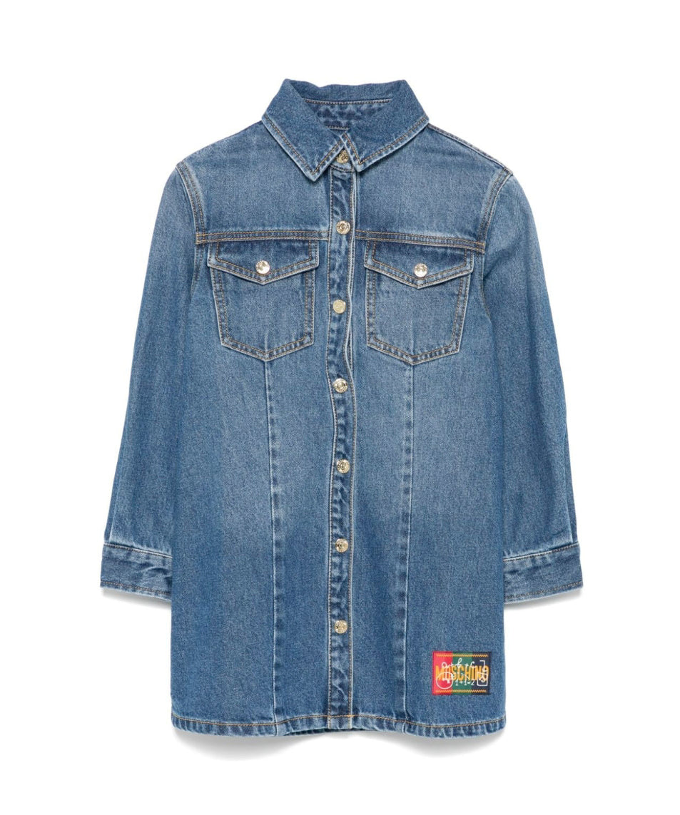Moschino Kids Abito Denim con Ricamo Teddy Bear per Bambine