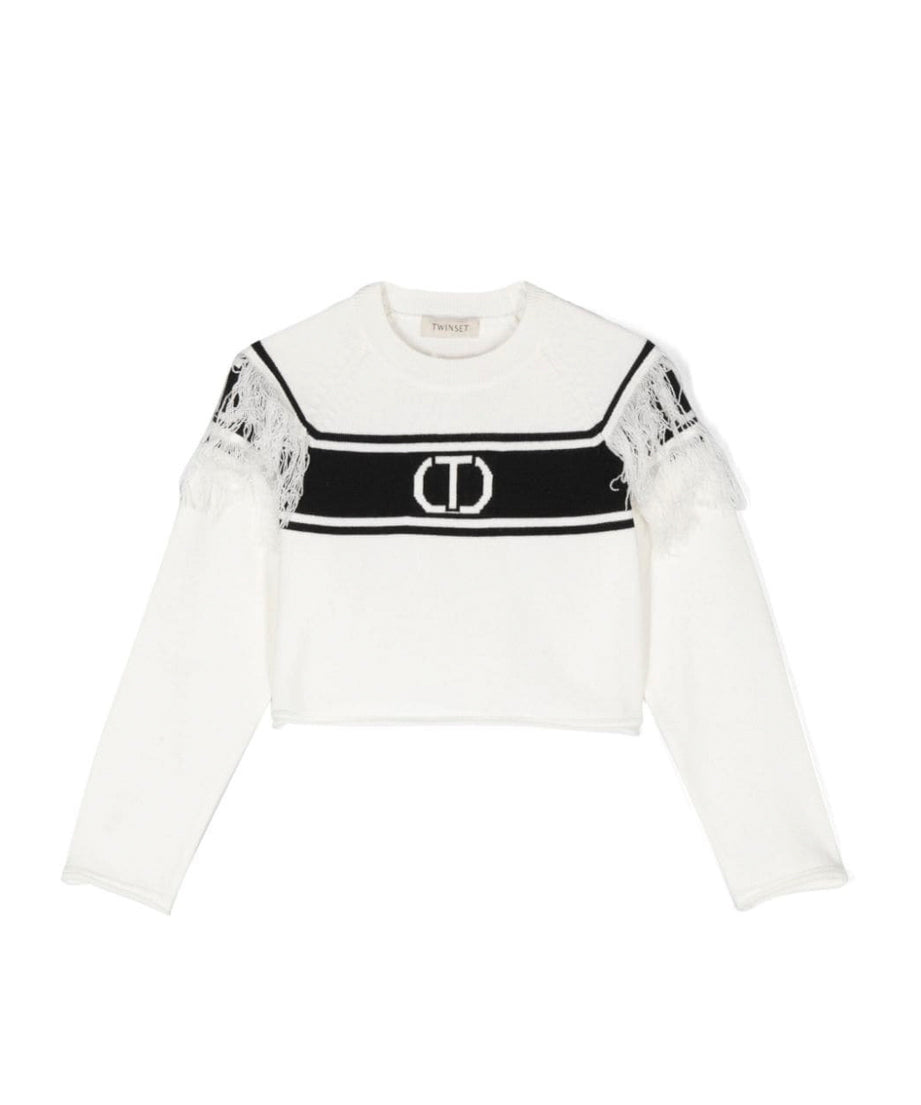 Twinset Kids Maglione Bianco/Nero con Intarso Logo per Bambine
