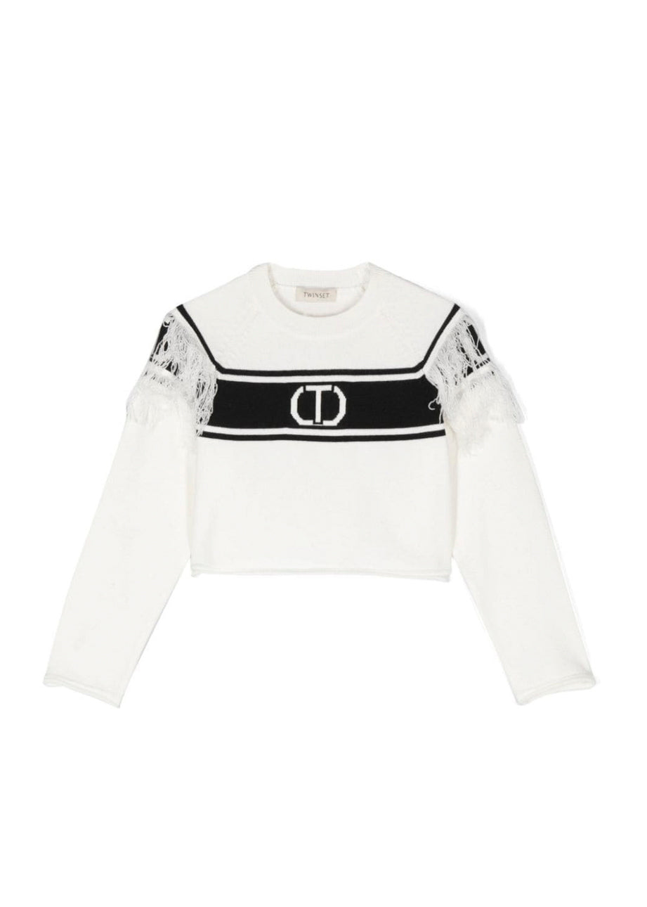 Twinset Kids Maglione Bianco/Nero con Intarso Logo per Bambine