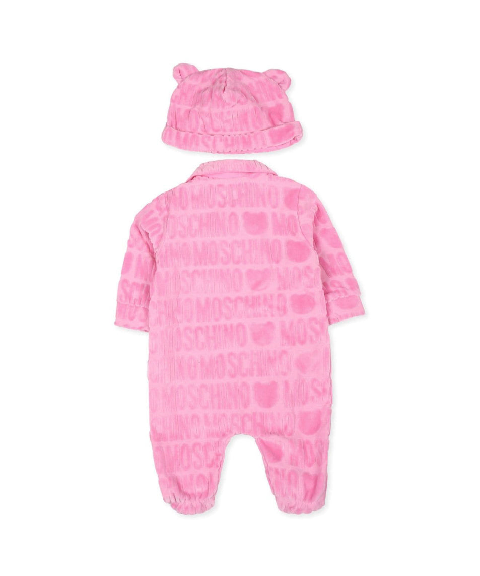 Moschino Kids Tutina Rosa in Spugna con Logo Jacquard per Neonate (retro)