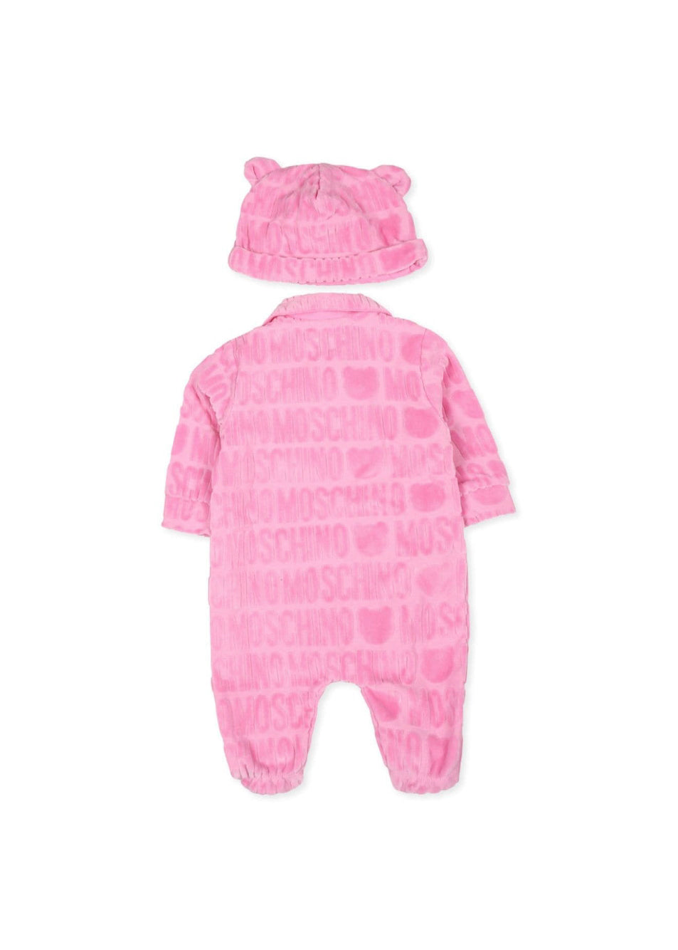 Moschino Kids Tutina Rosa in Spugna con Logo Jacquard per Neonate (retro)