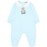 Moschino Kids Set Nascita Celeste con Tutina, Cappellino e Bavaglino con Stampa Teddy Bear Unisex