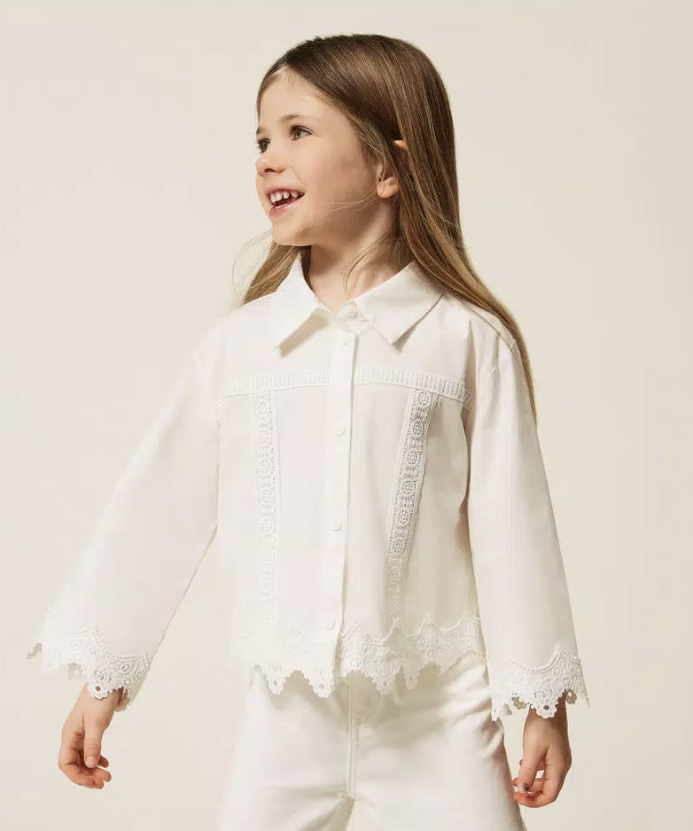 Twinset Kids Camicia Off-White con Dettagli in Pizzo per Bambine e Neonate