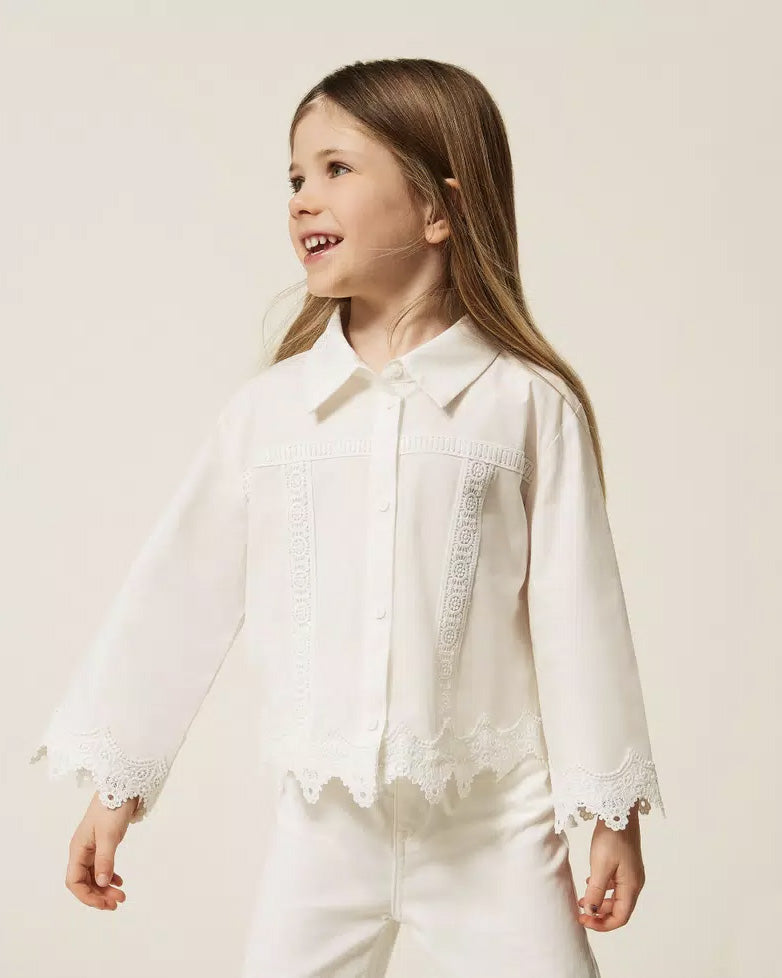 Twinset Kids Camicia Off-White con Dettagli in Pizzo per Bambine e Neonate