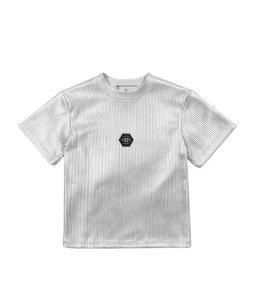 Philipp Plein Kids T-Shirt Argento a Costine con Logo per Bambine