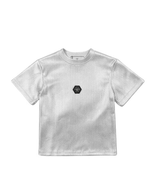 Philipp Plein Kids T-Shirt Argento a Costine con Logo per Bambine