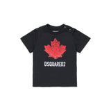 Dsquared2 Kids T-shirt Nera con Stampa Logo Foglio D'acero con Bottoni Apertura Spalla per Neonati