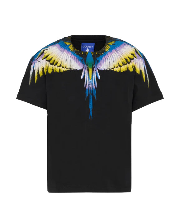 Marcelo Burlon County Of Milan Kids T-Shirt Nera Con Motivo Ali Giallo/Blu per Bambini