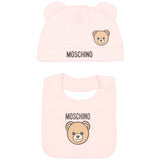 Moschino Kids Set Rosa con Cappellino e Bavaglino con Stampa Teddy Bear e Logo per Neonate